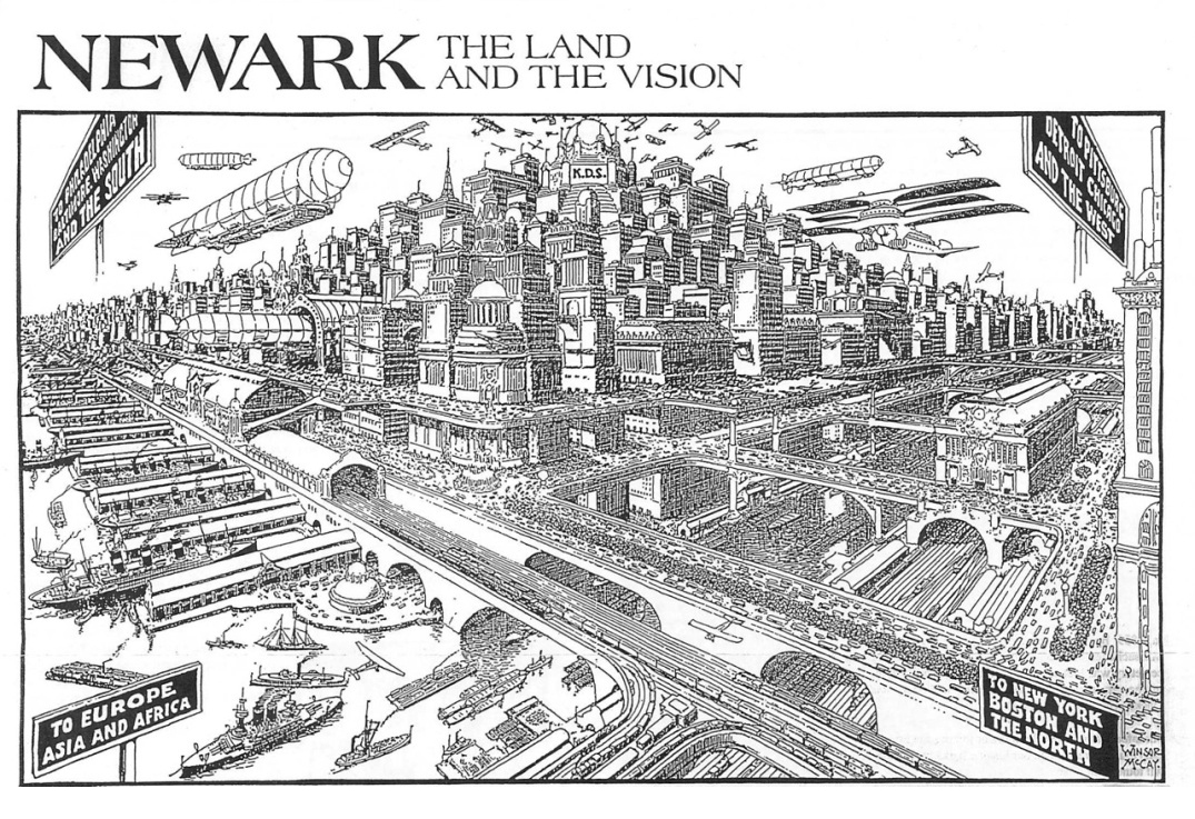 Drawing by Winsor McCary, which first appeared in a 1928 article "Newark 58 Years from Today"- when Newark would be 150 years from the year of its 1836 incorporation as a city.