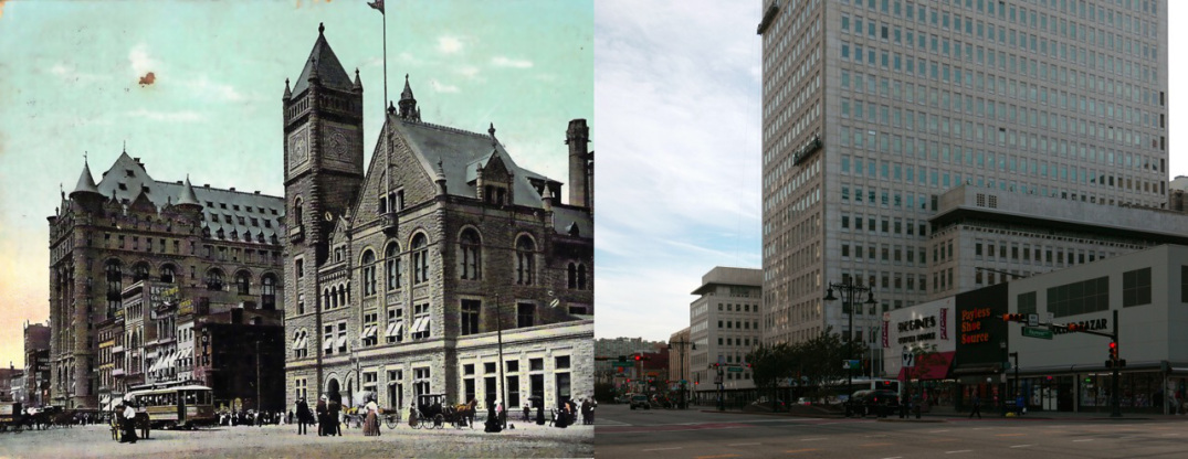 In the turn of the century view of downtown Newark, one sees the architectural styles popular at the time: stone and granite victorian and gothic structures. At left, is Prudential’s old headquarters demolished in 1956. At left, is Newark’s central post office. Unlike today, the postal service was central to the functioning of society and was often the most important structure in a town. This post office happens to be in the Romanesque Style popular in the 1880s. After the post office outgrew this structure and moved elsewhere in 1934, the structure was soon demolished in the 1940s to 1950s to construct an unimpressive dollar store. All buildings in this image are currently demolished.